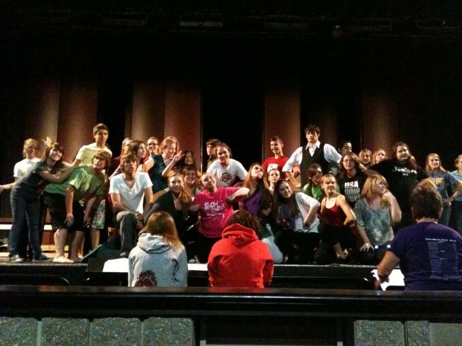 The Cast of Honk! poses at the end of Poultry Tale, a song in the first act of  Honk! With Maryann Lambrecht directing and Ashley Reed and Megan Pelzel giving stage directions, everything is on the way to being perfect. 