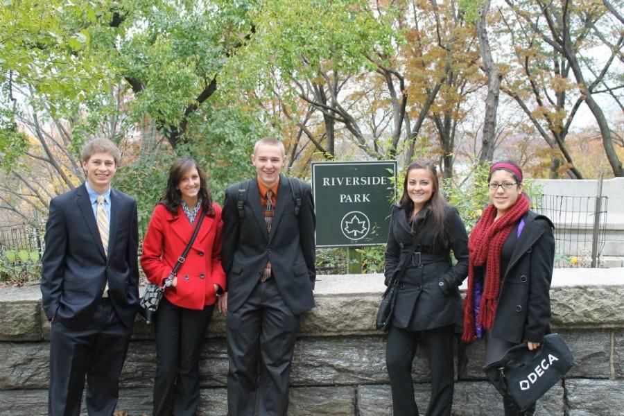 From left to right: Senior Griffen Wiltz, Junior Nicole Kovach, Senior Corey Roberto, Senior Taylor Law, and Junior Elena Glitner stop at Riverside Park in New York City.  Deca students enjoyed four days in the city, taking in popular tourist attractions and meeting with business leaders. 