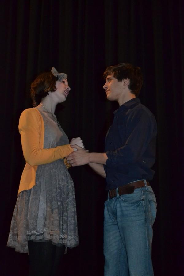 Senior Lauren Aquilina and Junior Shaun Richardson share a moment onstage. The two play opposite each other in MTCs winter comedy, The Werewolfs Curse.