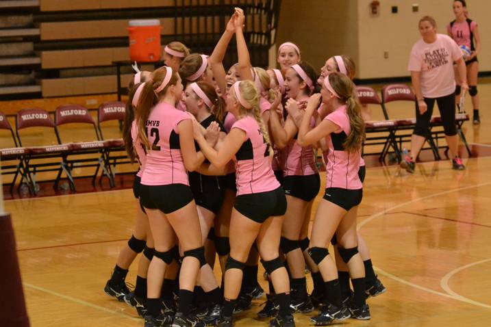 On Oct. 2, the Milford Varsity Volleyball team dressed to impress in pink for Breast Cancer Awareness.  The team played in the KLAA Association Tournament last weekend.