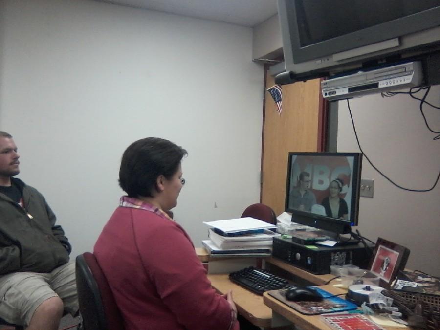 Mrs.Weeks and Stephen Thomason watch the MHS Broadcasting