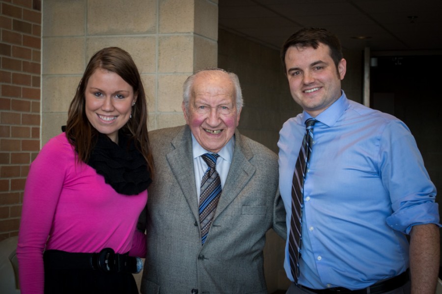 Martin Lowenberg stands with MHS English teacher, Rob Hamilton and student teacher, Jennifer Marshman, who was determined to have him present to students.