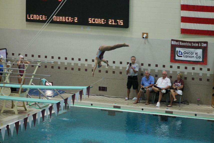 A Milford diver soars through the air against Lakeland earlier this month.