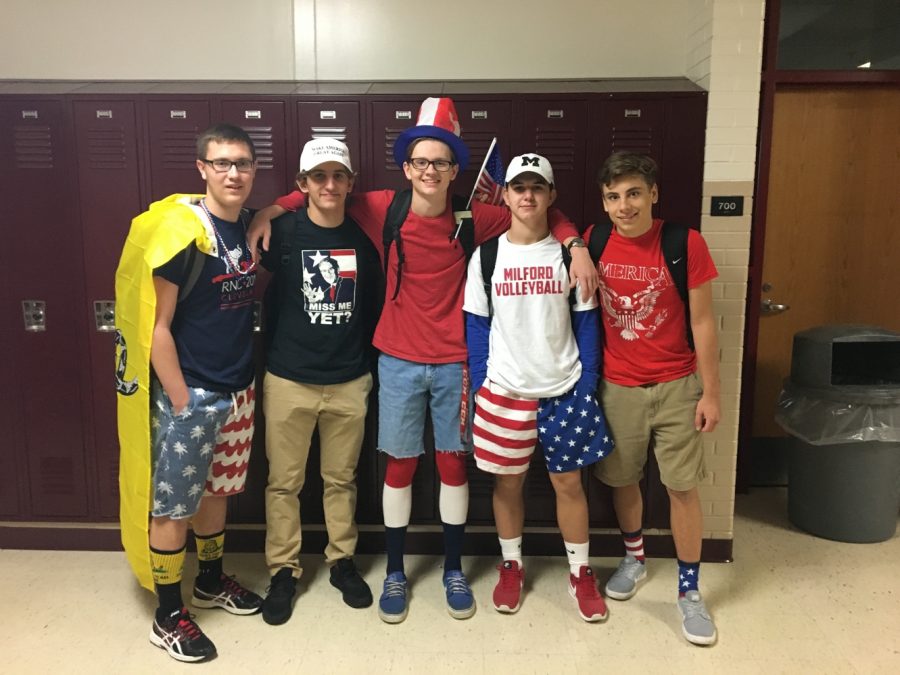 A group of MHS students with some dressed in political  campaign gear celebrating USA Day for Spirit Week. 