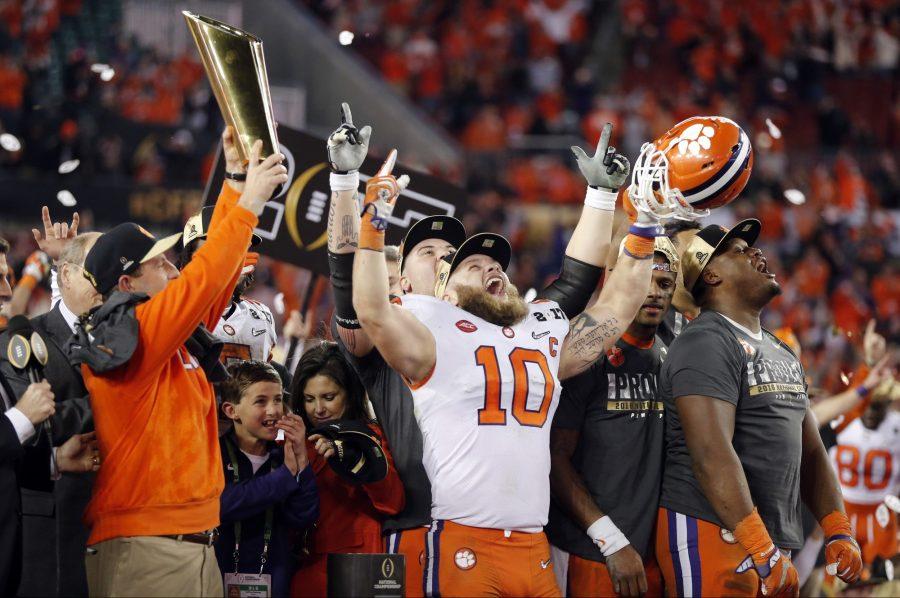 Clemson celebrates after they take down Alabama in the National Championship  by a score of  35-31 after a touchdown catch with one second left by wide receiver Hunter Renfrow.