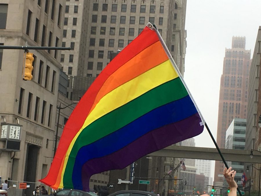 A rainbow flag was flying in the wind during the Pride Parade