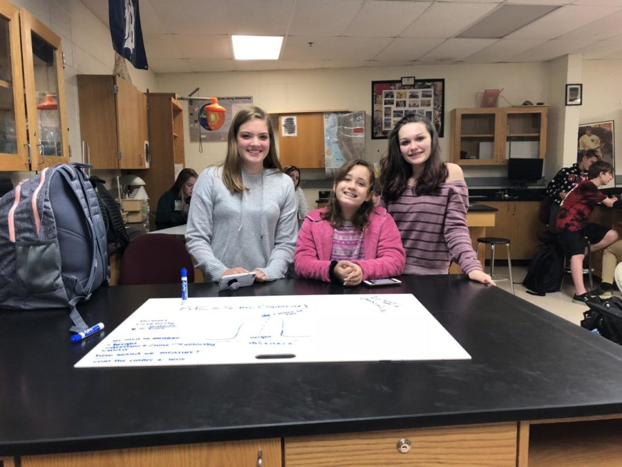 (Left to right) Grace Carey, Eriella Maki, and Grace Miller in physics class.  