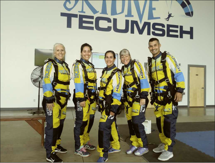 Left  to right; teachers Kaye Sommer, Jennifer Hittle, Carrie Pishek, Jeanne Geraci, and Daniel Reschke pose before their skydiving experience. (Photo courtesy of  Sommer)
