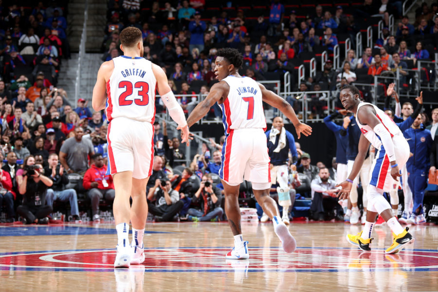 Blake Griffin and Stanley Johnson of the Pistons  high five in a game against the Suns (Image courtesy of the Detroit Pistons website).