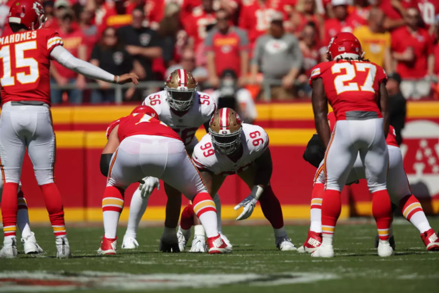 Kareem Hunt (#27) and Reuben Foster(#56) facing each other before a play during Week 3 of the NFL season (Photo courtesy of the San Francisco 49ers website).