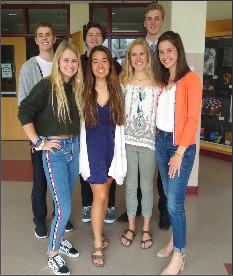 Seven of the eight seniors chosen, from left to right, Meadows, Youngblood, Smith, Huszti, Heiligenthal, Gustafson, and Mouradian 