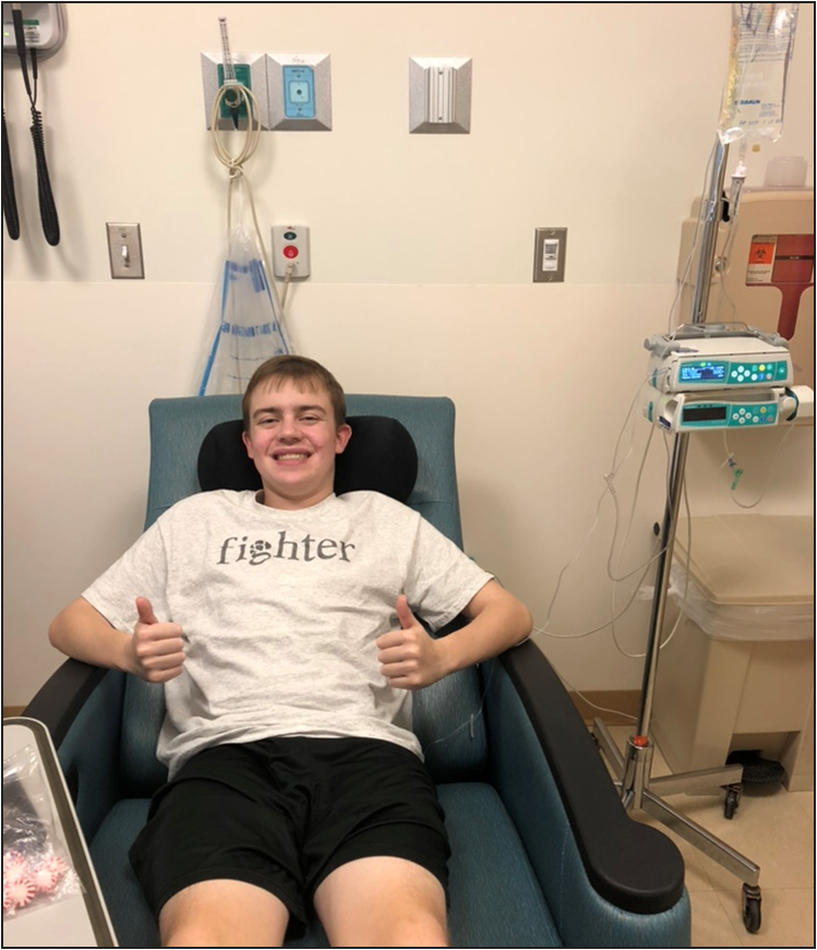 Senior+Michael+Stevenson+getting+his+last+round+of+chemotherapy+in+October+2018.%0A