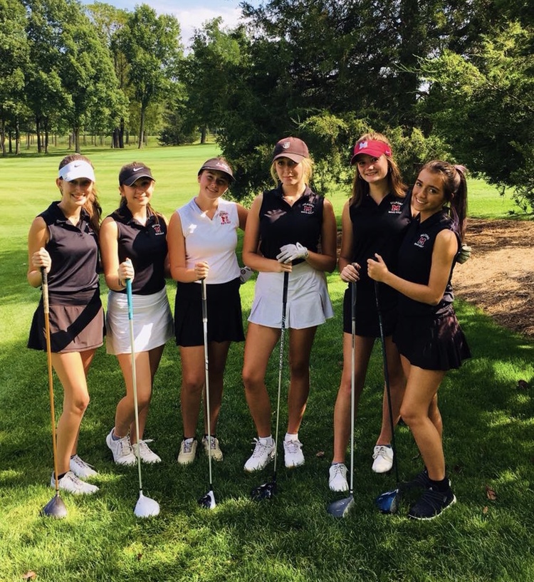 Seniors, Jordan Conaway, Emma Berry, Juniors, Kristen Schang, Devin Chaldecott, Sadie Guffy, and freshman Ava Moore. After Milfords Varsity Golf Team beat Lakeland (Photo Courtesy of the Milfords Girls Golf Facebook )
