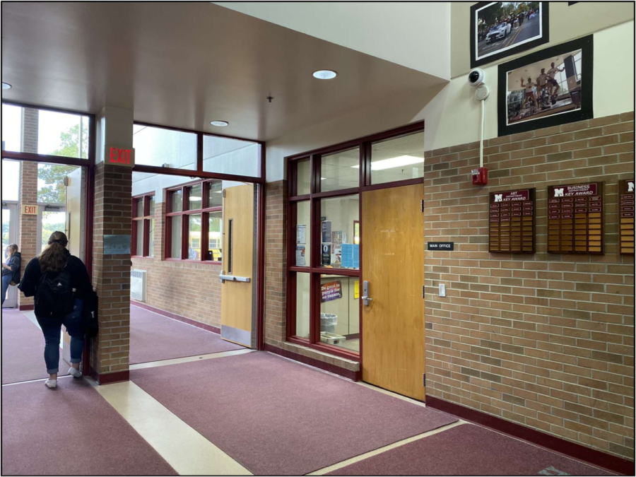 The entrance to Milford High School would be remodeled to make it more secure if the voters pass the  bond proposals.  (Photo by Laura Nowicki)
