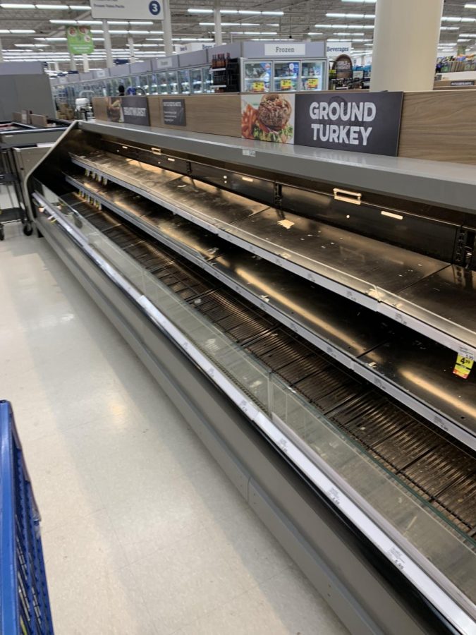 For the last 2 months, many grocery stories have had a difficult time keeping meat, dairy and other produce items stocked. This picture, from March, shows a Meijer store that is sold out of ground turkey. 