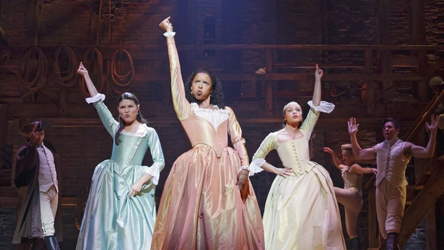 Phillipa Soo, Renée Elise Goldsberry, and Jasmine Cephas Jones in Hamilton.