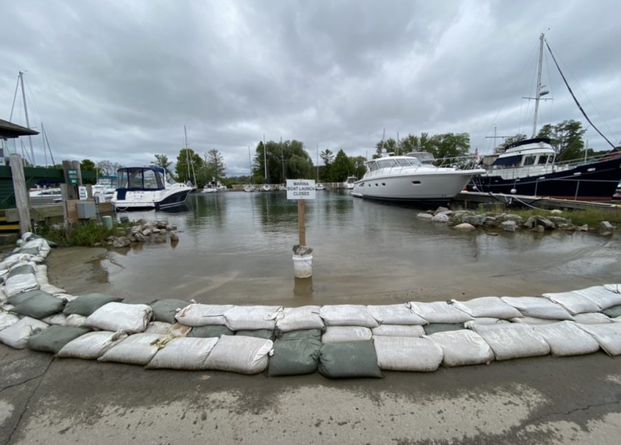 The Suttons Bay, MI Marina boat launch flooded and sand bagged.