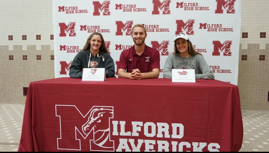 From left to right: Senior Rylie Kennedy, Coach James Schuler, and Senior Ella Glaspie posed during their signing periods at MHS, celebrating their commitments to swim at BGSU (Kennedy) and ISU (Glaspie). 