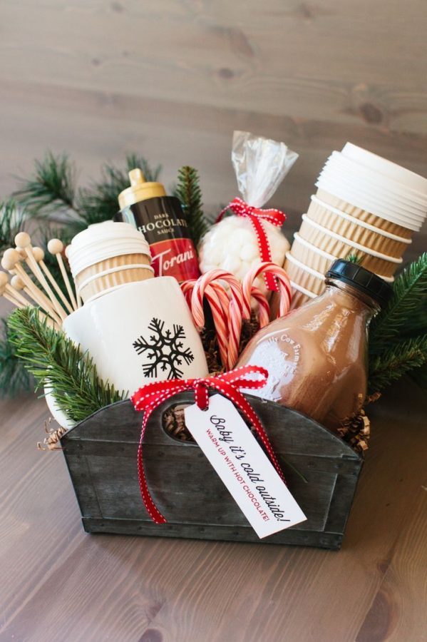 Shown above is an example holiday gift basket, including cute holiday-themed items; this present can be customized to fit the interests of anyone! 