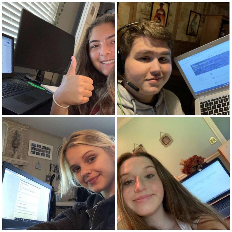 Yearbook staff members Grace Sarafa, Nathan Herron, Savannah Wood, and Delaney Roethler in their work spaces.