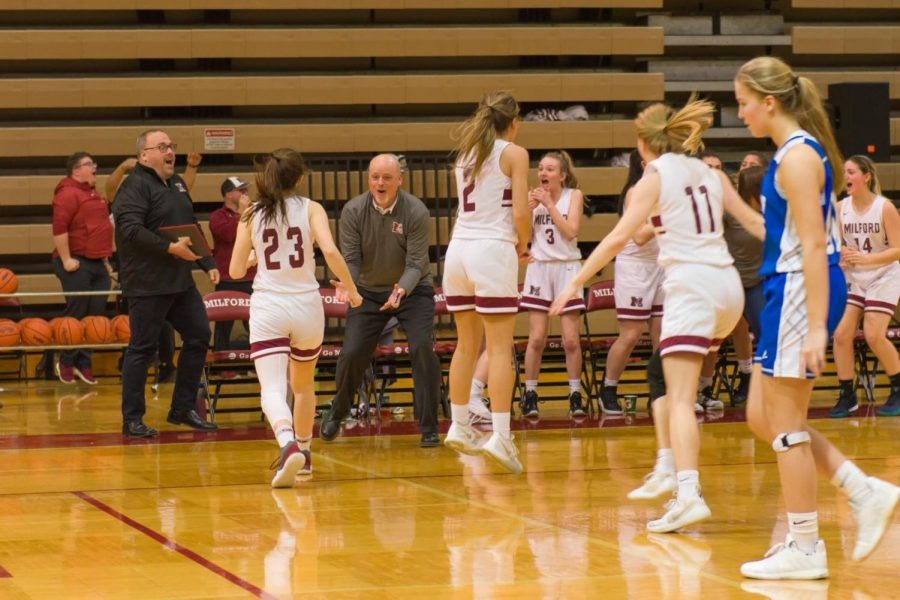 Coach+Mike+Jenkins+and+the+Girls+Varsity+Basketball+team+celebrate+Chloe+Gilbert%E2%80%99s+game-winning+shot+at+last+year%E2%80%99s+Hall+of+Fame+night+on+Feb.+7.