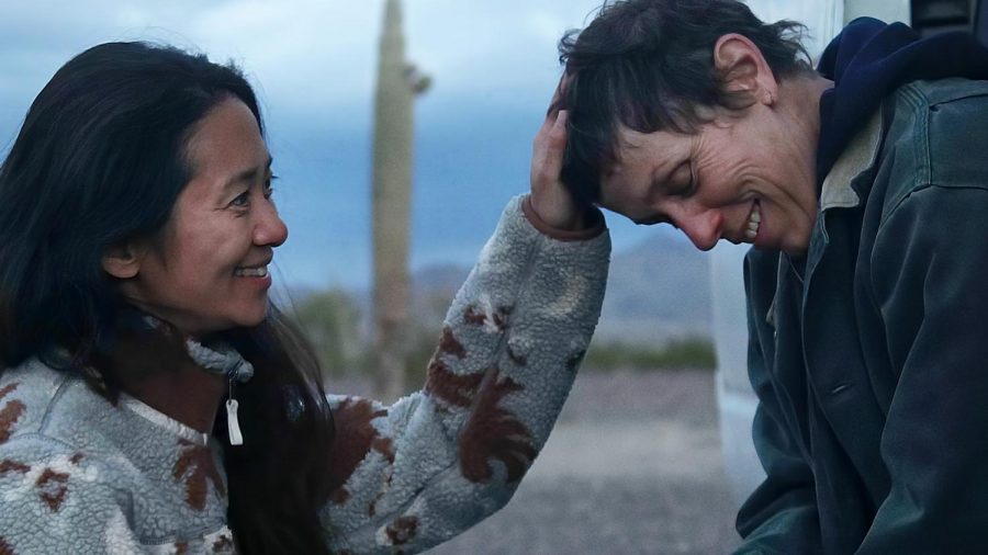 Best Actress nominee Frances McDormand and Best Director nominee Chloé Zhao on the set of the film Nomadland (Photo courtesy of Nomadland Twitter account).