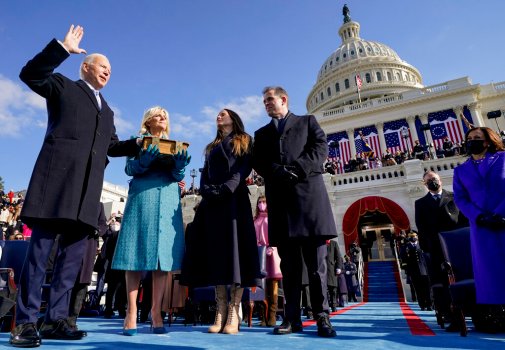 Joe Biden is sworn in as the 46th president of the United States by Chief Justice John Roberts as Jill Biden holds the Bible during the 59th Presidential Inauguration at the U.S. Capitol in Washington, Wednesday, Jan. 20, 2021, as their children Ashley and Hunter watch.(AP Photo/Andrew Harnik, Pool)