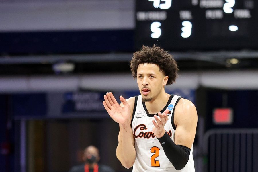 Cade Cunningham brings the ball up for the Oklahoma State Cowboys
