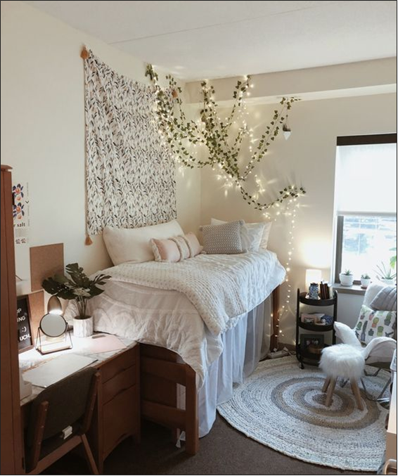 Dorm room with a rug, fairy lights, a tapestry, and plants (Photo courtesy of pinterest.com)