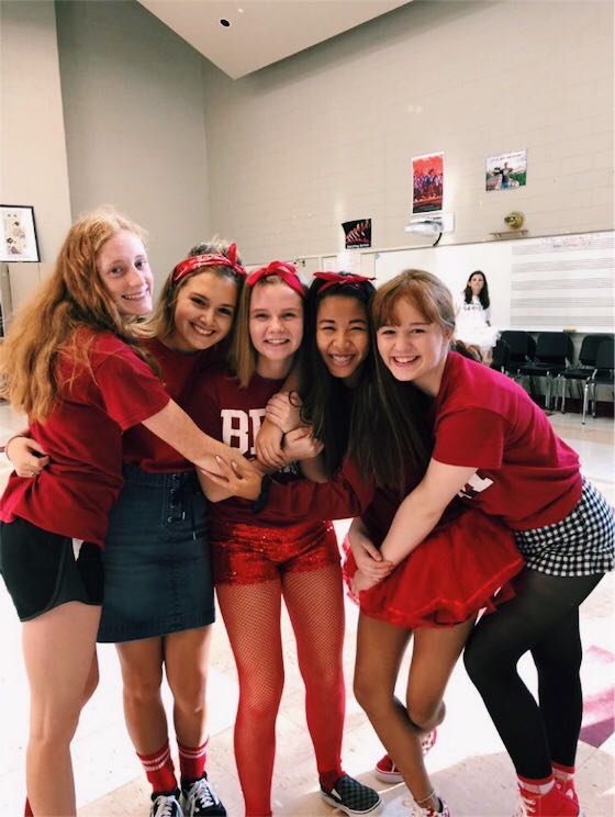 From left to right, now seniors Elaina Schwendemann , Hannah Jenkinson, Taylor Dumas, Clare Miller, and McKenna Bausman dressed up for spirit week as sophomores (Photo courtesy of Clare Miller).
