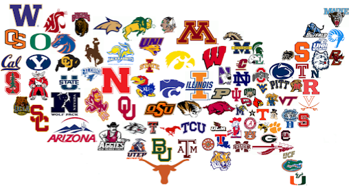 A map of some of the largest and most popular universities in the United States