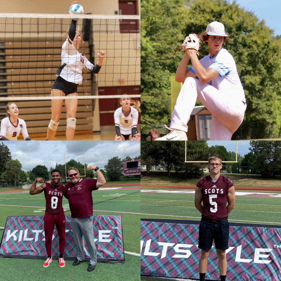 Emily Tatum (Top Left) going up for a hit (Photo courtesy of Jerry Rea). Josh McCoy (Top Right) playing for his summer ball team “Arsenal Angels”. Brandon Gibson (Bottom Left) and Billy Sternberg (Bottom Right) on their visits to Alma College. (All other photos courtesy of athletes.)
