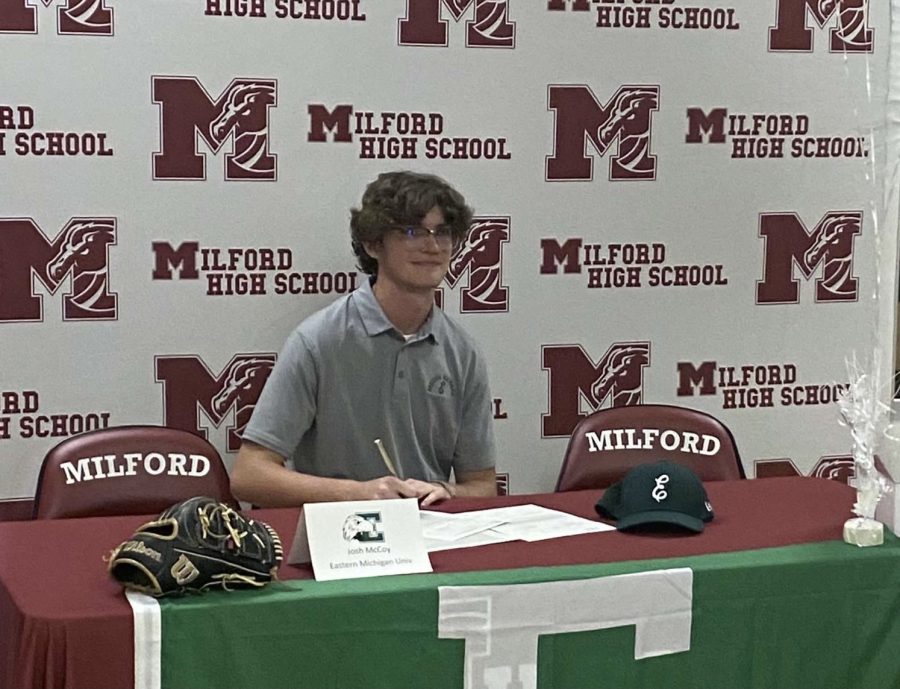 Senior Josh McCoy signing his National Letter of Intent to continue his baseball career at Eastern Michigan University (Photo courtesy of Josh McCoy).