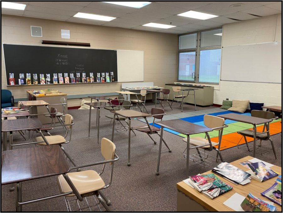 The Spanish library in room 606 is filled with books and comfortable seating options  that creates a comfortable and welcoming environment.