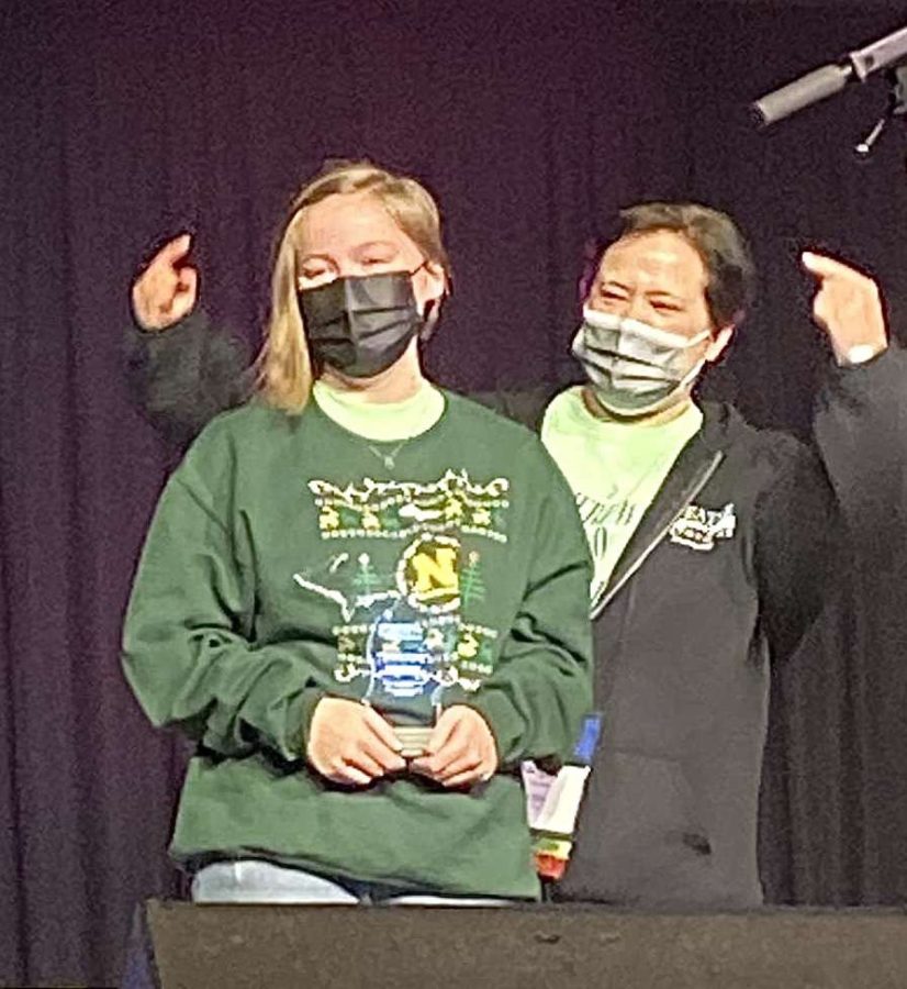 Rachel Martin (left) pictured with Milford theater director Ms. Weeks (right) after receiving her award. 
