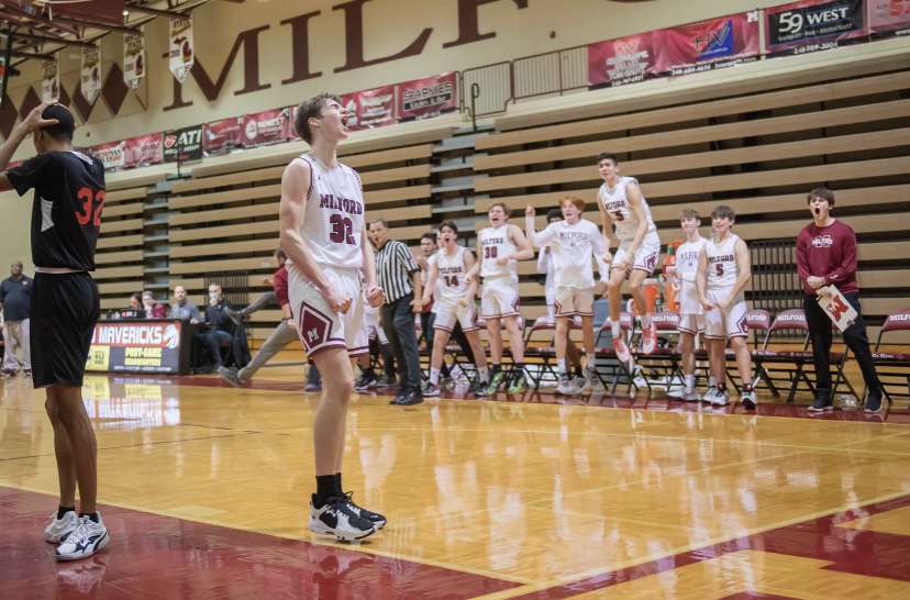 Forward Sam Lewis scoring the game-winning basket against Old Redford Academy. Lewis looks to lead the Mavericks next year deep into the playoffs with hopes of a LVC Championship title (Photo courtsey of Jerry Rea).