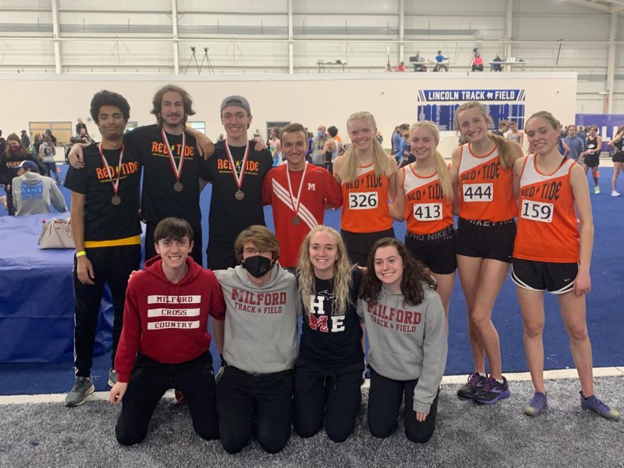 Girls and boys SMR teams (back row) place 7th and 8th respectively at the State Finals. Runners include (from left to right) Reshaun Crawford, Curtis Hawkins, Tyler Ristau, Ryan ORourke, Jacie Remtema, Audrey Verkerke, Brooklyn Wolcott, and Grace Harkenrider. They were cheered on by athletes (front row, from left to right) Quaid Schimetz, Easton Williams, Emma Collison, and Elise Elliot.