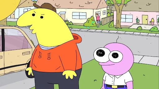 The two main protagonists, Charlie (left) and Pim (right) are shown
in a suburban neighborhood (Photo courtesy of Adult Swim).
