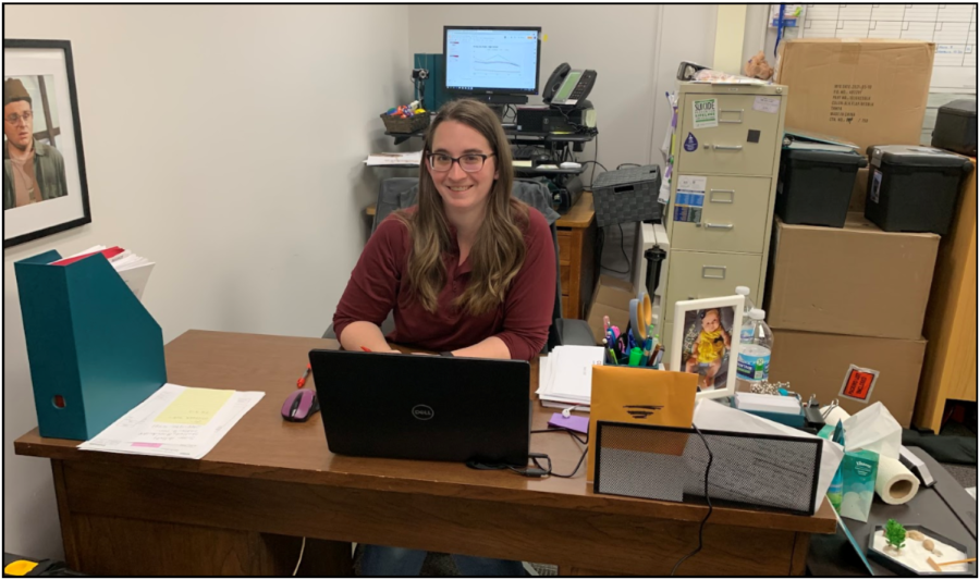 Pictured is Najduk in the HVCC office located in the Media Center where she works every day to provide a drug and alcohol free school community (Photo by Christen Broughton).
