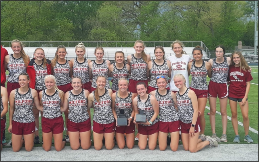 The girls track team when they placed first in the Lakes Valley Conference championship (Photo courtesy of Fred Schwendenman).
