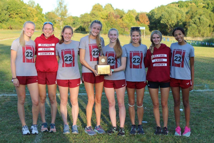 Several of the cross country girls with the trophy they won. 