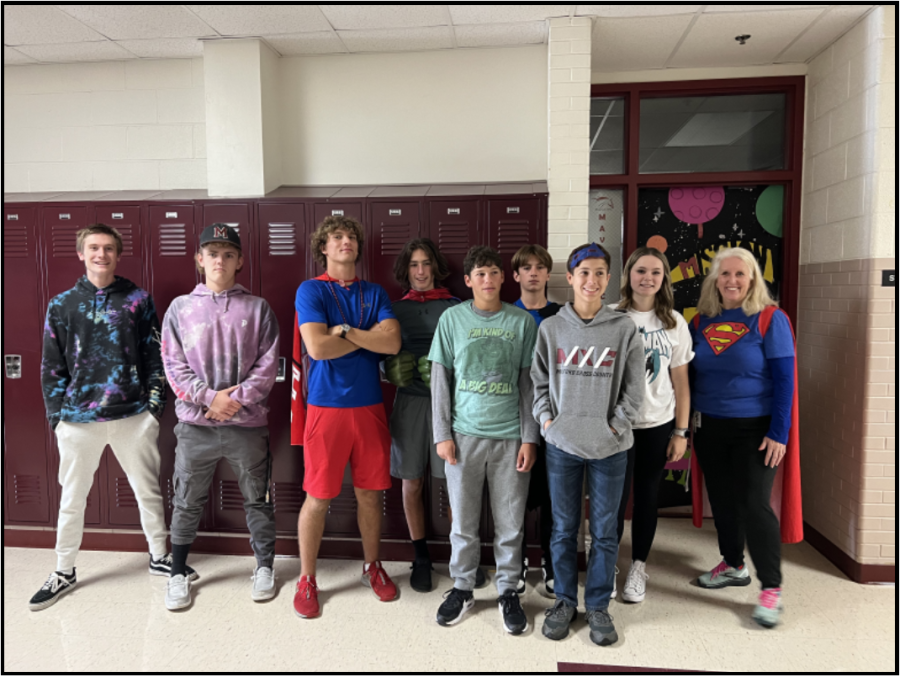 Marketing class students showing their spirt during Superhero Day. 
