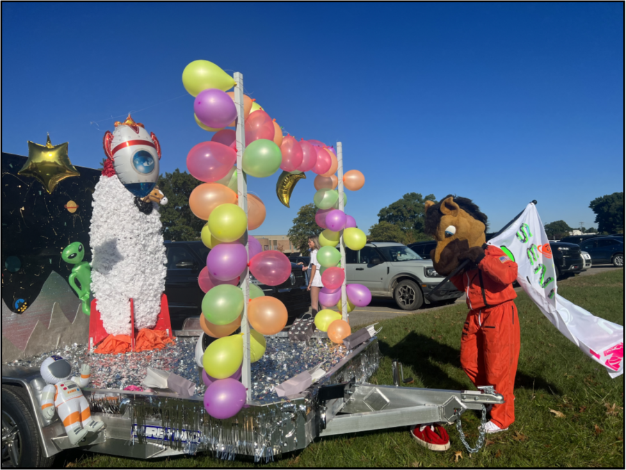 Senior float before its debut in the homecoming parade. 
