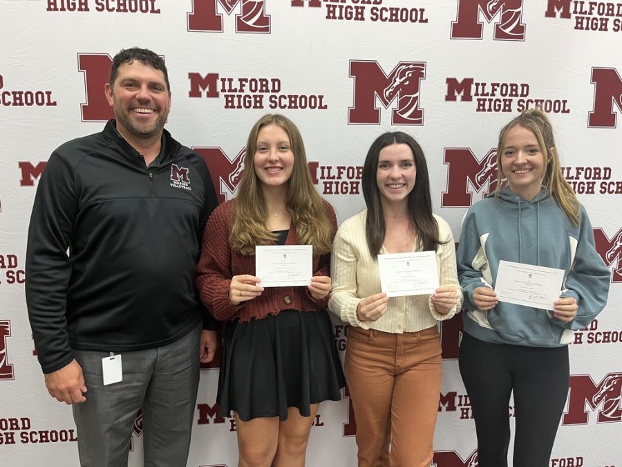 Principal Kevin McKenna with commended students[from left to right] Mallory Armstrong, Alexis Cornett and Jillian Spray.