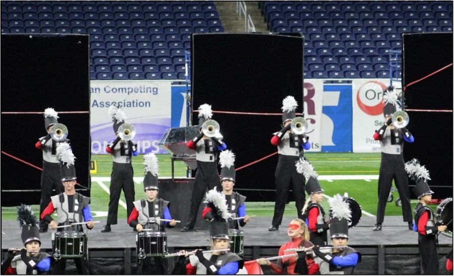 The mellophones performing their solo at the 2022 Michigan Competing Band Association Championships at Ford Field, located in downtown Detroit.