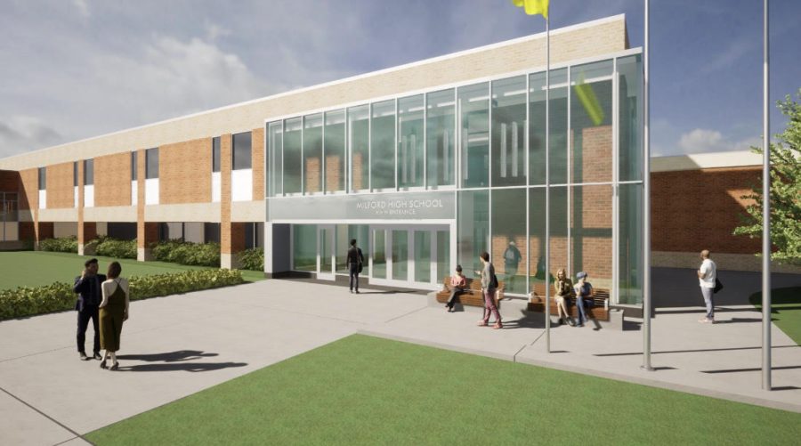 This model shows what the face of Milford High School will look like post-renovations