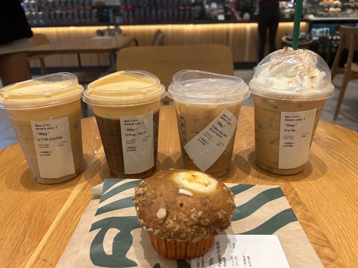 All of the 4 Starbucks fall drinks and one of their fall food items.